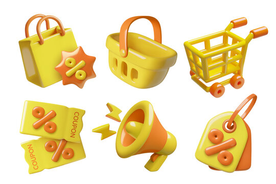 Shopping and sale 3d icons set. Yellow and red discount coupons, megaphone, price tag, shopping cart, bag and basket. Vector illustrations isolated on white background