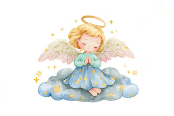 Obraz premium Cute watercolor illustration of little angel girl with golden halo sitting on soft fluffy blue cloud