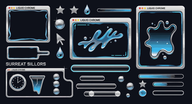 Y3K Hyper-Futurist UI Vector, Liquid Chrome Y2K Interface, 3D Metallic Window Set, Silver Reflective Pixel Art Icons.