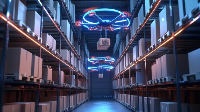 Automated drones flying in futuristic e-commerce warehouse with neon lighting and high-tech shelves