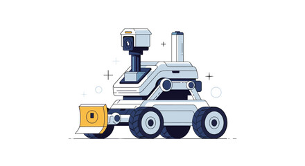 Naklejka premium High-tech autonomous mobile robot with a camera, sensor, and bulldozer blade designed for industrial or security applications.