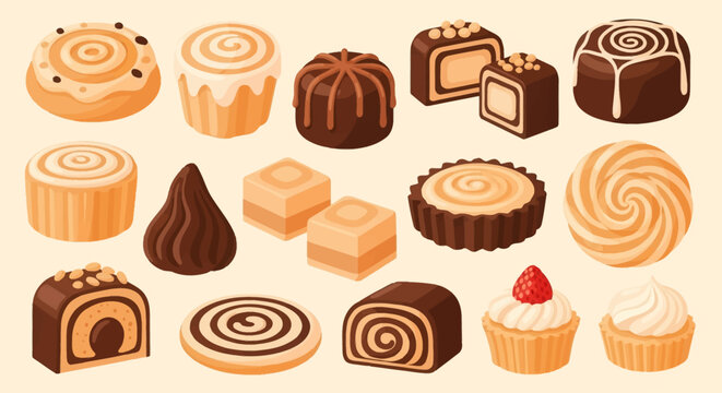Vector illustration collection of gourmet chocolate candies, assorted pastries, cupcakes with frosting and strawberry, pralines, fudge cubes, and sweet dessert rolls on a light background.
