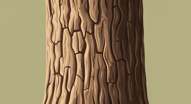 Flat vector illustration of a single tree trunk segment featuring detailed brown bark texture with vertical cracks and rectangular segments isolated on a plain olive green background.