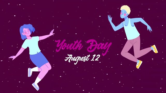 Youth day celebration animated background with two happy teenagers jumping against a purple starry sky background.