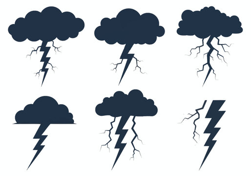 Set of six dark silhouettes representing thunderclouds and lightning bolts. Various styles of jagged electric discharge strikes and storm cloud icons on a plain white background.