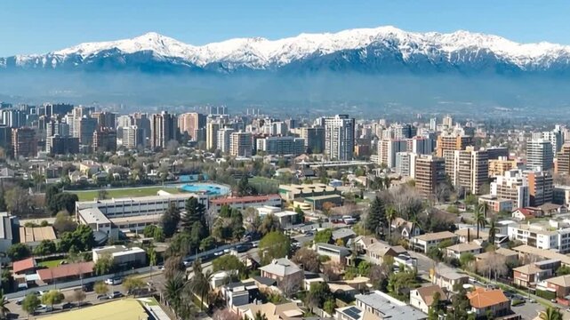 Santiago, Chile. Aerial view with the Andes mountain range in the background. Mountain range and snow-capped mountains.