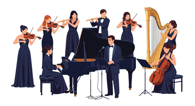 Professional symphony orchestra ensemble with musicians playing violins, flutes, piano, harp, and cello while a male singer performs.