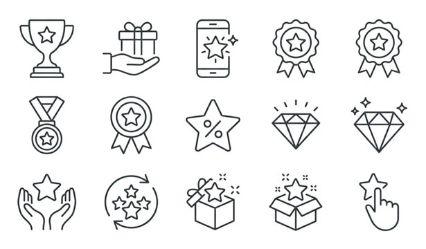 E-commerce loyalty program and premium rewards outline icons set isolated on white background flat vector thin line illustration
