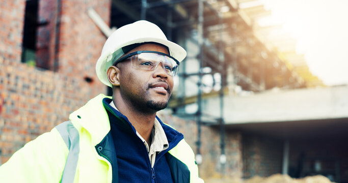 Black man, choice and engineer with thinking in city, helmet and urban development at construction site. Person, architect and perspective for project with infrastructure inspection and solution