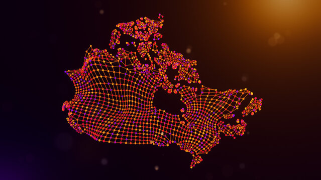 Canada map visualization formed by interconnected digital mesh lines and colorful network nodes over a glowing purple and orange bokeh background, representing innovation and connectivity.