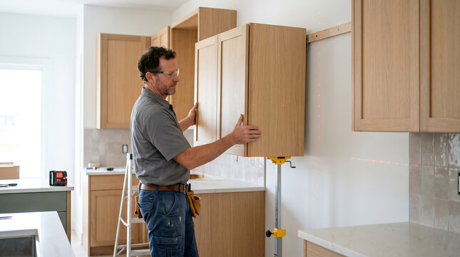 Professional cabinet installer using a laser level and support jack to mount upper wooden cabinets on a wall during a residential kitchen remodeling project