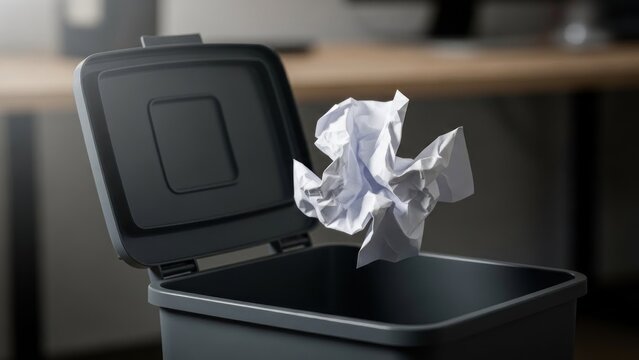 A black trash can with crumpled white paper sticking out of it on a desk