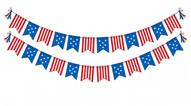 Patriotic American flag bunting garlands with stars and stripes on white background.