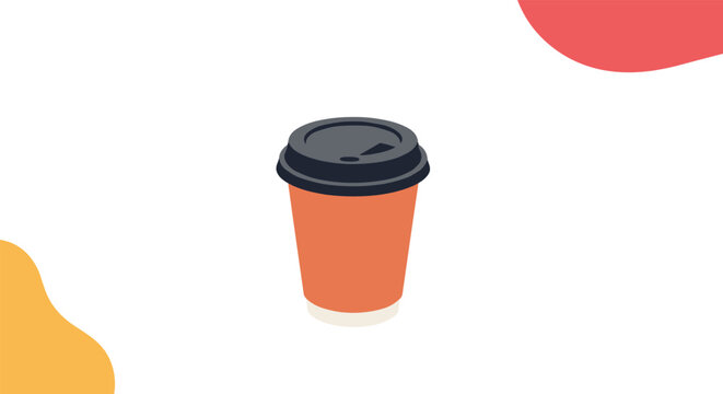 Minimalist isometric illustration of an orange disposable paper coffee cup with a black lid on a clean white background.