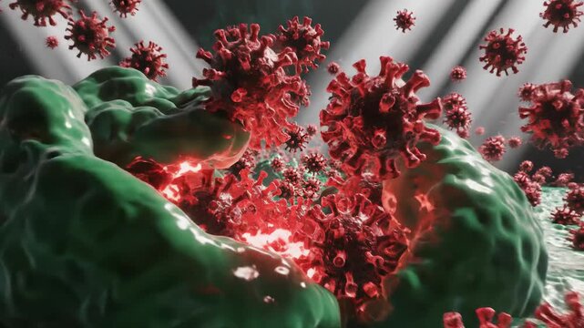 3D microscopic view of red virus cells hovering above a bumpy green surface with light beams.
