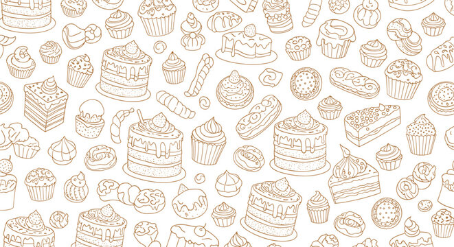 Detailed seamless pattern features a variety of delicious pastries like cakes, cupcakes, and eclairs in a line art style.