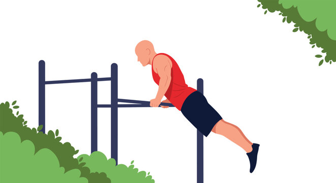 Fit man in a red tank top performs tricep dips on parallel bars at an outdoor fitness park surrounded by green bushes.