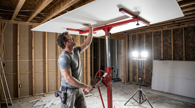 Professional contractor using a red panel lift hoist to install a large sheet of drywall on a ceiling at a residential residential house construction or renovation site