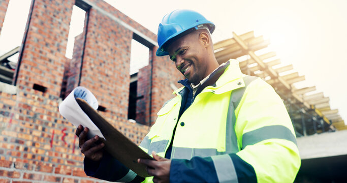 Clipboard, man and smile with document on construction site with inspection for building, renovation or repairs. Management, reading and male civil engineer with paperwork for project risk assessment