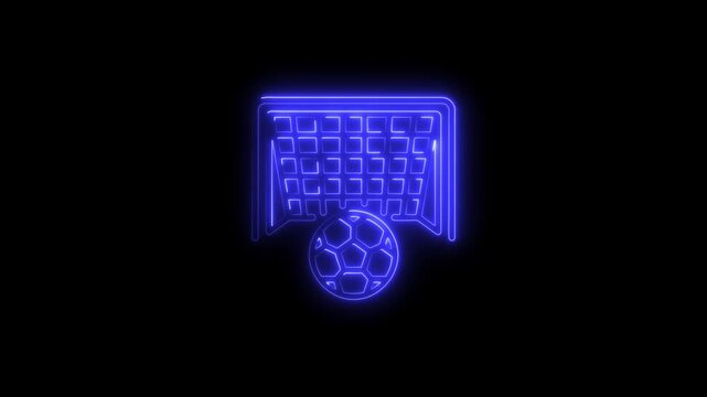 Glowing neon soccer goal and ball animation, blue light sports sign for championship branding football