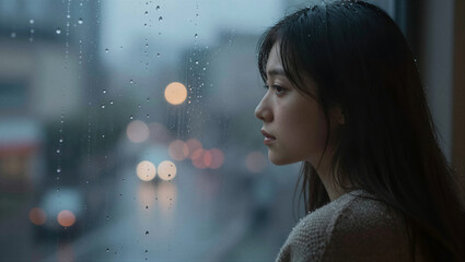 Naklejka premium Rain taps glass as a woman gazes outward. Her expression holds quiet contemplation. Soft bokeh lights glow behind the wet window. She wears a textured sweater, dark hair loose. Ideal for mood, travel