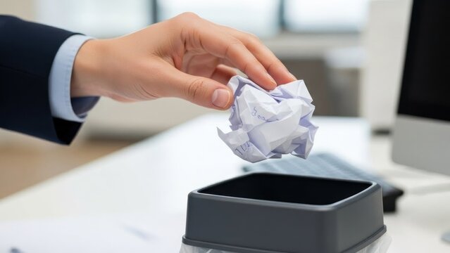 A hand in a business suit throwing a crumpled paper into a small gray trash can on a white desk