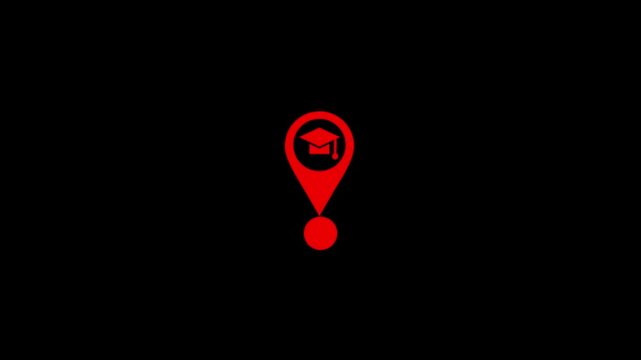 Red map location pin with graduation cap animation for education and e-learning map pin