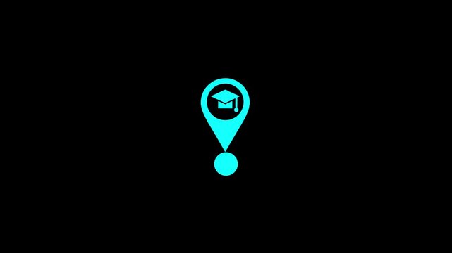 Glowing cyan education map pin animation on black background, for e-learning and, academic location services