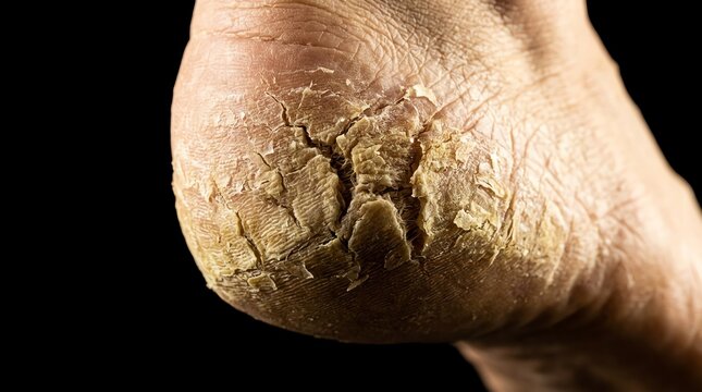 Close-up of Dry Cracked Foot Skin Showing Calluses and Rough Texture.