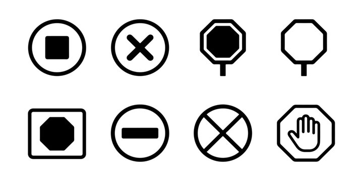 Stop icon set with solid close sign block and hand symbols for app UI