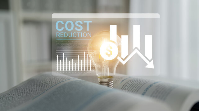 A light bulb representing cost reduction shines over a book, accompanied by financial graphs illustrating trends and potential growth for businesses. Ideal for finance and innovation themes. Ledger
