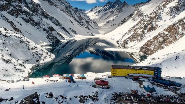 Portillo, ski in chile on a sunny day with lots of snow. South America. Aerial view in vertical video.