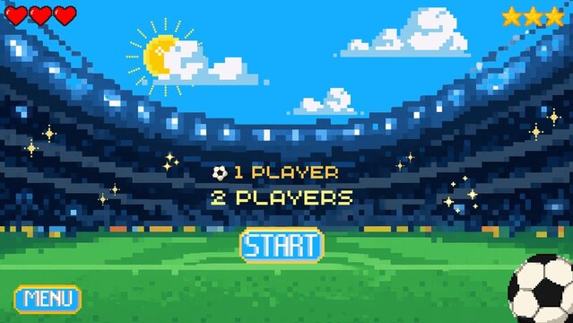 Pixel Art Soccer Game Start Menu Interface with Stadium Field Clouds and Football Elements