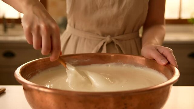 Close-up of a baker in an apron mixing white batter with a wooden spoon in a large vintage copper bowl, homemade baking and cooking concept.