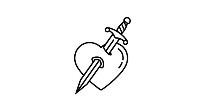 Heart pierced by dagger outline drawing. Love pain, broken heart, betrayal concept. Hand drawn vector illustration in old school tattoo style.