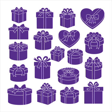 Purple gift boxes and hearts with bows