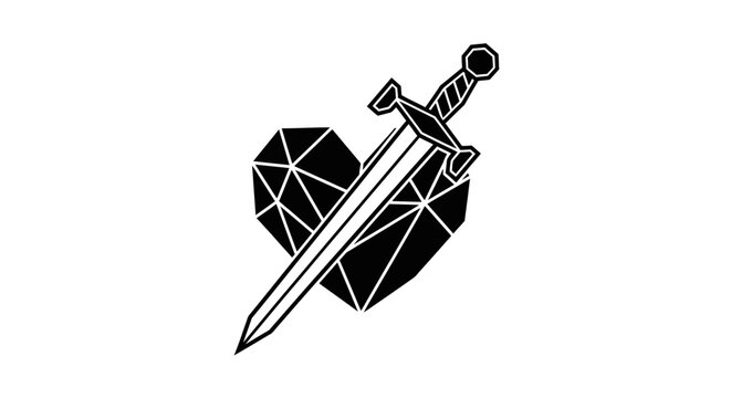 Stylized geometric heart pierced by a sword. Black and white vector graphic symbolizing love, pain, courage, and sacrifice.