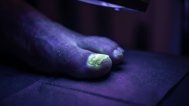 Close-up of Fingernail with Green Nail Polish Under UV Light.