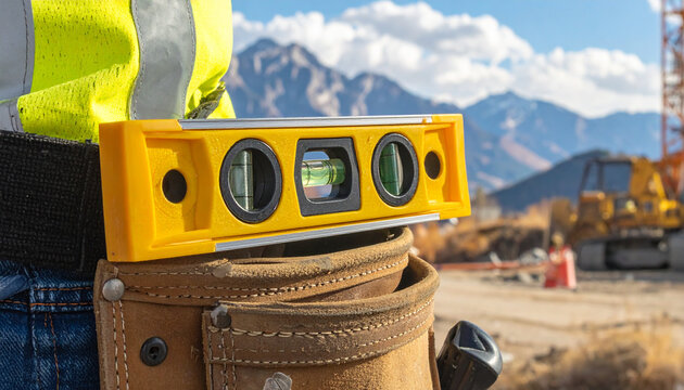 Construction worker with level tool on belt outdoors