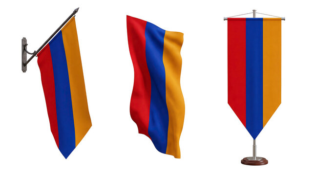 Set of 3 multi-angle variations of red blue and orange horizontal tricolor flag of Armenia, transparent background, PNG