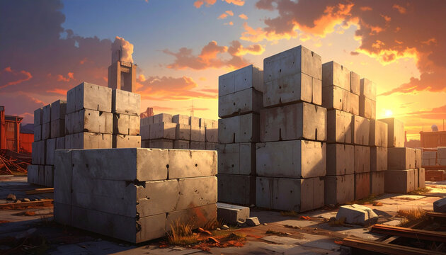 Concrete blocks stacked in a construction site at sunset