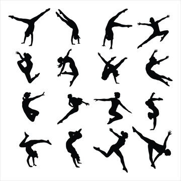 Set of black silhouettes of women in various dance poses