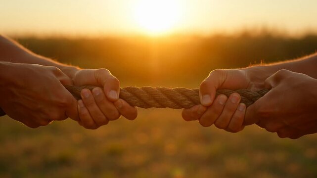 Hands Pulling Rope in Tug of War at Sunset, Symbolizing Effort and Growth, Like Spring Flowers.