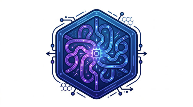 Futuristic hexagonal quantum fiber optic core icon with glowing circuit data paths in deep purple and sapphire blue gradient vector