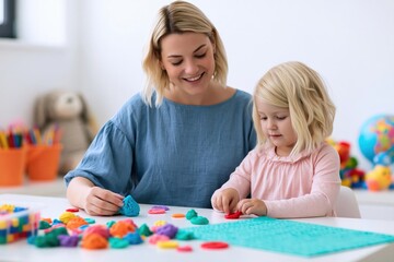 Obraz premium Mother and daughter playing with colorful modeling clay for creative child learning