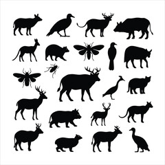 Fototapeta premium Black silhouettes of various wild animals and insects