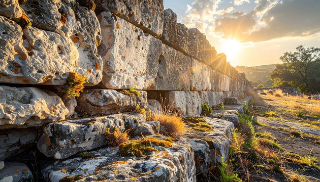 Ancient Roman wall featuring massive weathered tufa blocks with deep crevices and dried moss showing historical stone masonry surface texture generative AI