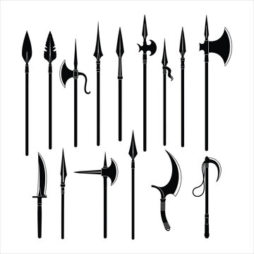 Black medieval weapons set on white