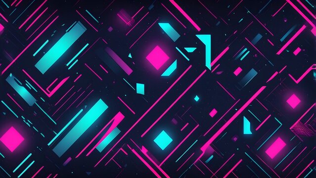 Vibrant neon glowing lines and geometric shapes on a dark background, creating a futuristic digital grid pattern with pink and blue light.
