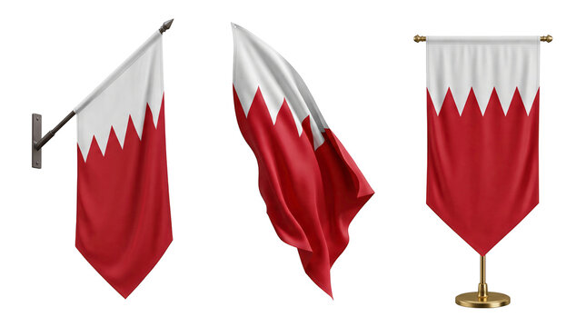 Set of 3 multi-angle variations of red and white serrated national flag of Bahrain, transparent background, PNG